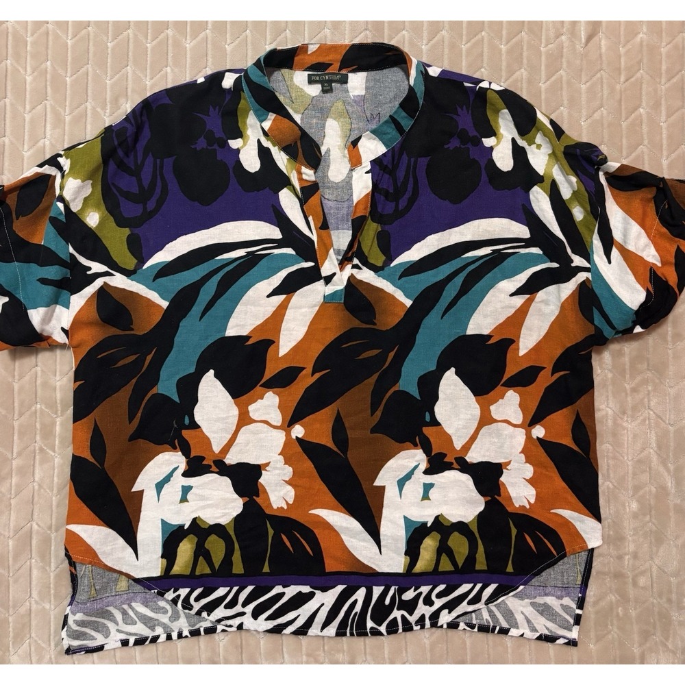 Linen Blend Boho Blouse XL Floral Zebra Print V-Neck Summer Top Short Sleeve